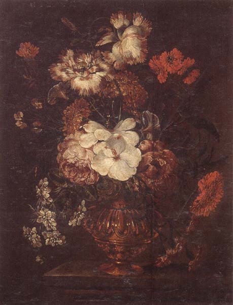 Still life of Roses,Carnations,Daisies,peonies and convulvuli in a gilt vase,upon a stone ledge